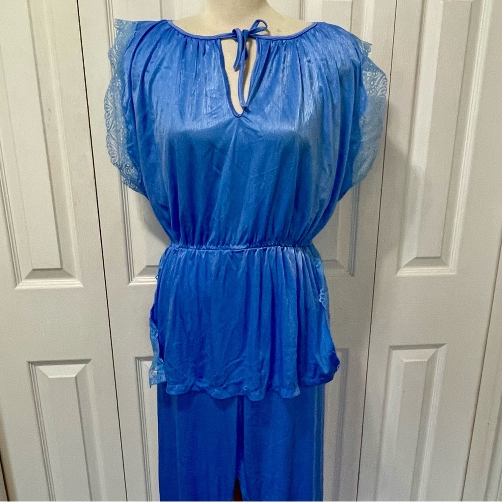 Vintage Blue Satin and Lace Trimmed Pajama Set